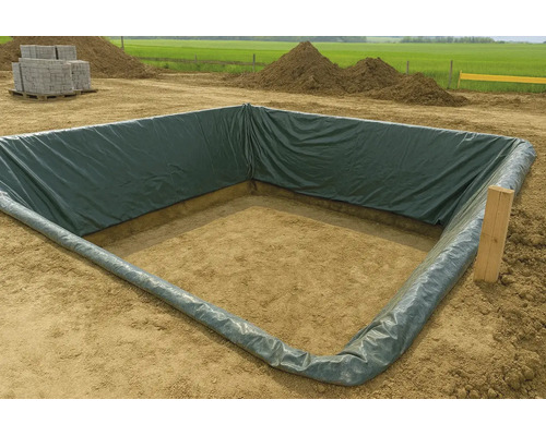 Een vierkante bouwput bekleed met een donkergroene PE-folie op een bouwplaats met hopen aarde op de achtergrond.