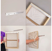 Montagehandleiding voor een ophangsysteem met aluminium profielen voor het bevestigen van een fotolijst aan de muur.