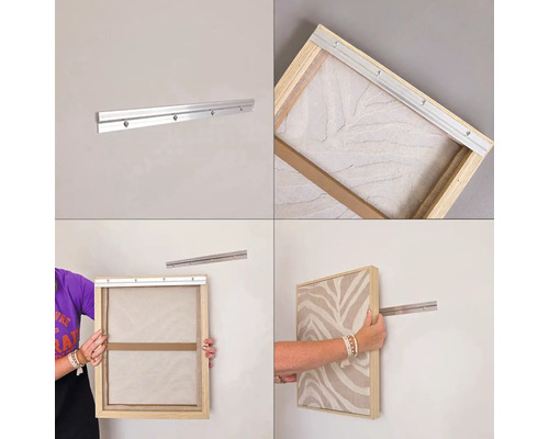 Montagehandleiding voor een ophangsysteem met aluminium profielen voor het bevestigen van een fotolijst aan de muur.