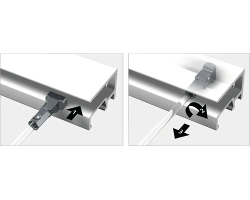 Montagehandleiding voor een bevestigingselement in een rail met drie stappen voor een correcte installatie en fixatie.