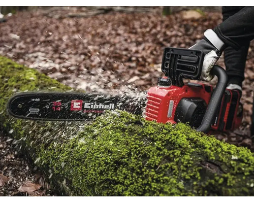 Einhell kettingzaag zaagt een met mos bedekte boomstam in het bos, zaagsel vliegt, 35 centimeter zwaardlengte.