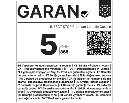 Garantiezegel voor insectenhor met lamellen met vijf jaar fabrieksgarantie.
