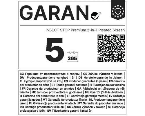 Garantielabel voor Insect Stop Premium 2 in 1 plisséhor met 5 jaar fabrieksgarantie en QR code.