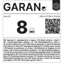 Fabrieksgarantie van acht jaar voor het tesa afdichtingsprofiel E-profiel inclusief QR-code en kalender-pictogram.