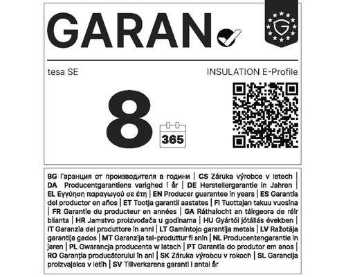 Fabrieksgarantie van acht jaar voor het tesa afdichtingsprofiel E-profiel inclusief QR-code en kalender-pictogram.