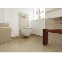 Moderne badkamer met hangend toilet, voorzetwand, tegels in natuurlijke tinten en een wastafel met donkerhouten onderkast.
