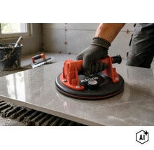 Vakman plaatst een tegel met een Akkit zuignap met manometer voor het veilig hanteren van gladde oppervlakken op een bouwplaats. (Image AI modified or generated)