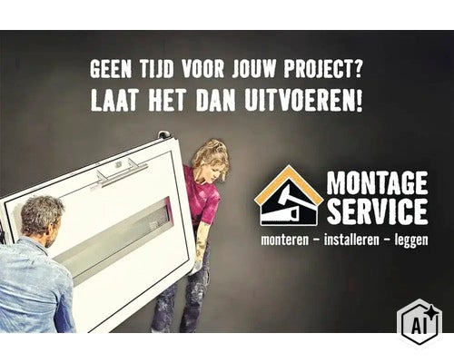 Twee personen tillen een deur op, reclameafbeelding voor de Hornbach montageservice voor het installeren van deuren en projecten. (Image AI modified or generated)