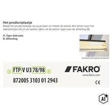 Instructie voor het vinden van het Fakro dakraamtype en de afmetingen op het productplaatje met voorbeeld. (Image AI modified or generated)