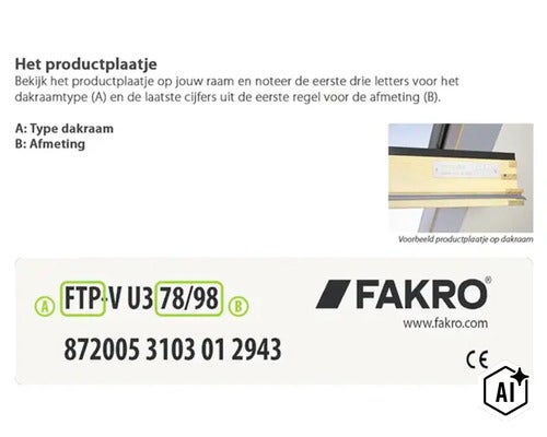 Instructie voor het vinden van het Fakro dakraamtype en de afmetingen op het productplaatje met voorbeeld. (Image AI modified or generated)