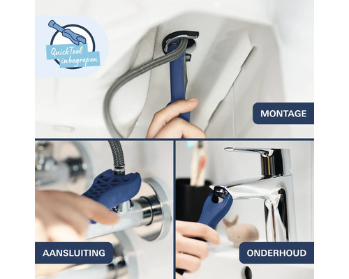Montage en onderhoud van een wastafelkraan met de meegeleverde QuickTool montagetool.