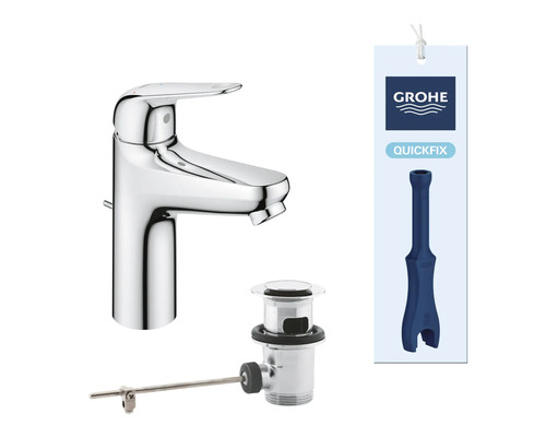 Grohe wastafelmengkraan met afvoerplug en snelle montagesysteem inclusief montagesleutel en Grohe logo