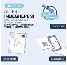Grohe QuickFix installatiesysteem met QuickTool gereedschap, QuickGuide handleiding en QuickVideo installatiehulp voor kranen.