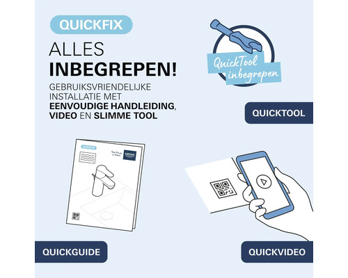 Grohe QuickFix installatiesysteem met QuickTool gereedschap, QuickGuide handleiding en QuickVideo installatiehulp voor kranen.