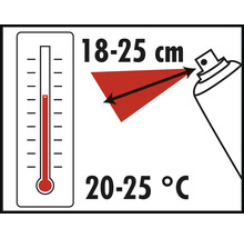 Toepassingsinstructies voor spuitbus: spuitafstand 18 tot 25 centimeter, verwerkingstemperatuur 20 tot 25 graden Celsius.
