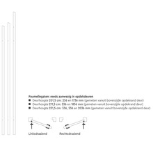 Technische tekening met maatvoering voor deurkozijnen, paumelle-gaten en draairichtingen voor verschillende deurhoogtes.