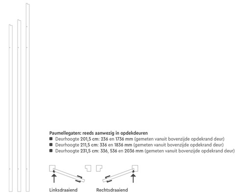 Technische tekening met maatvoering voor deurkozijnen, paumelle-gaten en draairichtingen voor verschillende deurhoogtes.