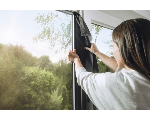 Vrouw bevestigt insectenhor aan het raamkozijn