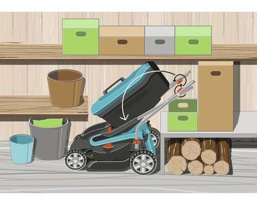 Illustratie van een grasmaaier met inklapbare handgreep voor eenvoudige opslag in een opslagruimte