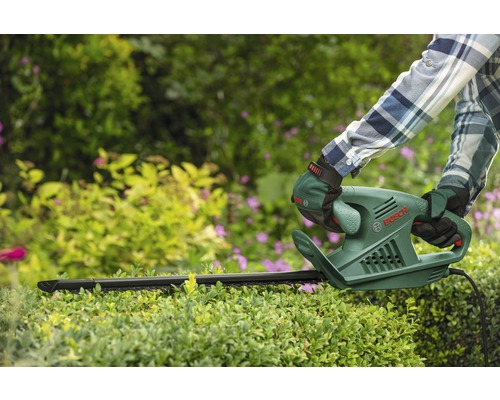 Persoon snoeit heg met een heggenschaar van Bosch