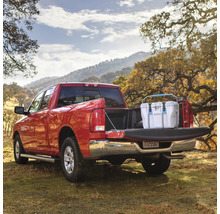 Rode pick-up truck met koelbox in de laadruimte in een landelijke omgeving