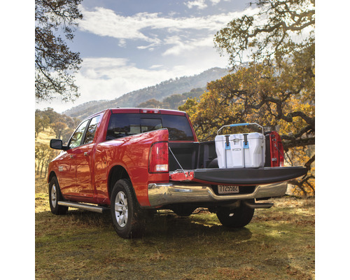Rode pick-up truck met koelbox in de laadruimte in een landelijke omgeving