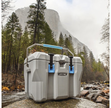 Grijze koelbox met handvat op een natuurlijke achtergrond