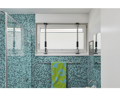 Badkamer met douche, wastafel, raam met plissé en raamstang