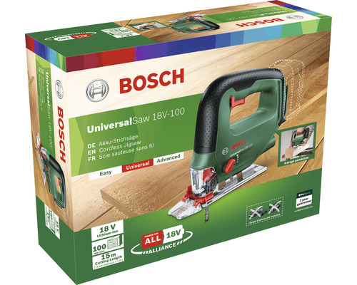 Verpakking van een Bosch accuspionzaag Universal Saw 18V-100