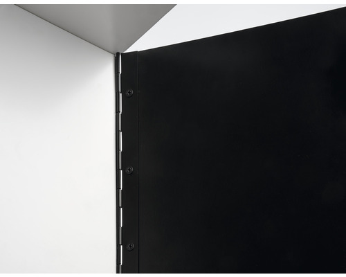 Detailopname van een hoekverbinding met scharnieren tussen twee panelen