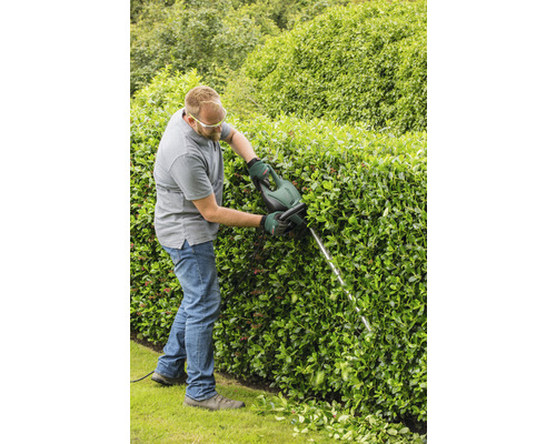 Een man snoeit een haag met een heggenschaar.