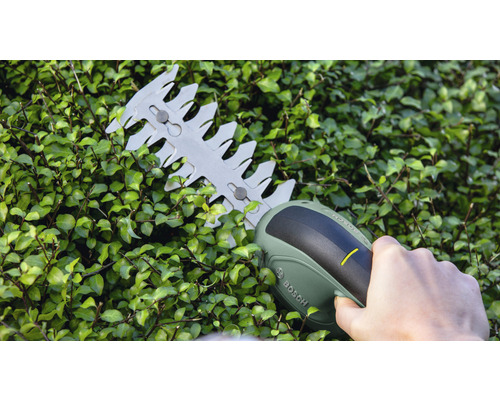 Accuheggenschaar in gebruik op een haag. Bosch Logo.