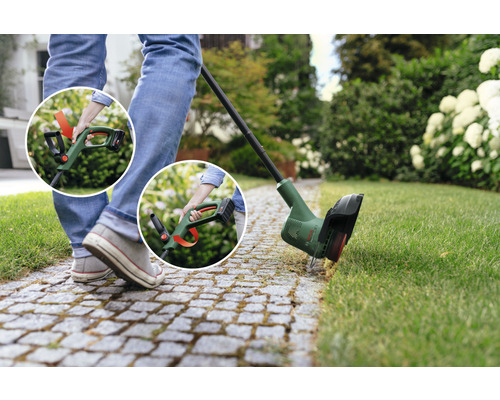 Accu grastrimmer in gebruik voor gazononderhoud in de tuin.