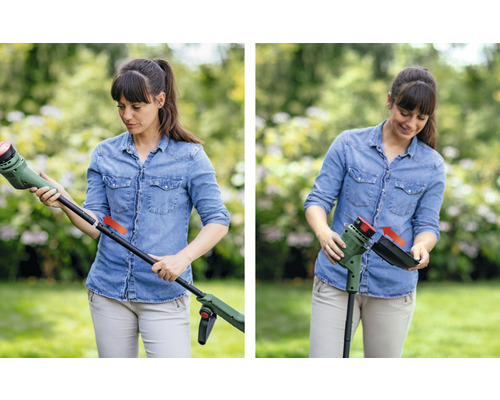 Een vrouw monteert een grastrimmer in de tuin.