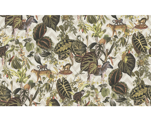 Behang met jungle motief, inclusief zebra''s, luipaarden, apen en tropische planten