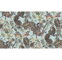 Behang met jungle motieven, waaronder zebra''s, luipaarden, apen en tropische planten