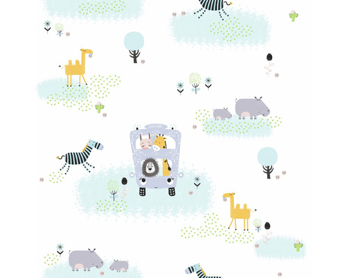 Behang met safari-diermotief, inclusief zebra, nijlpaard, kameel en leeuw in de bus