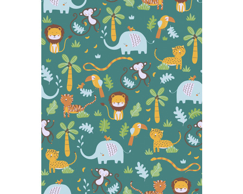 Illustratie met jungle dieren zoals leeuwen, olifanten, apen, tijgers, luipaarden en vogels