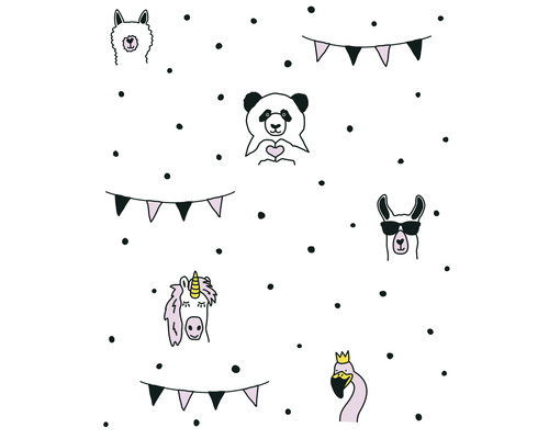 Behang met lama, panda, eenhoorn en flamingo motief