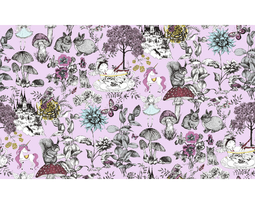 Illustratie met sprookjesmotieven, waaronder dieren, bloemen, kastelen en fabelwezens