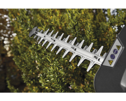 Snijmechanisme van een heggenschaar in gebruik voor een heg.