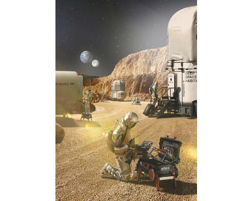 Illustratie van een Marskolonie met astronauten en een mobiel Wiha-werkstation
