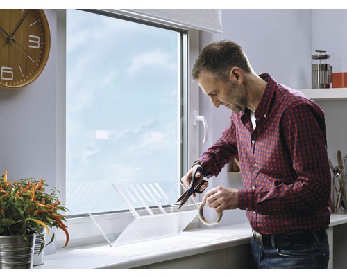 Man knipt met een schaar een insectenhor bij het raam bij.