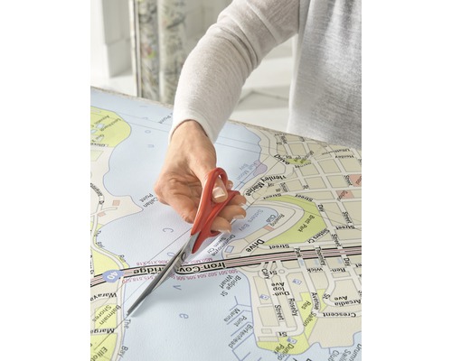Iemand knipt een landkaart met een schaar.