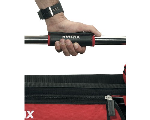 Hand houdt gereedschapstas vast met Virax-logo