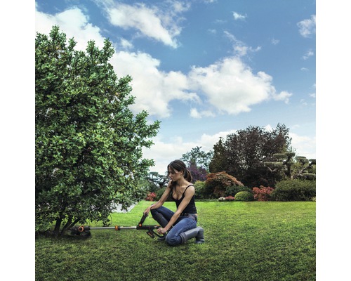 Vrouw werkt met een accukantensnijder in de tuin aan een boom