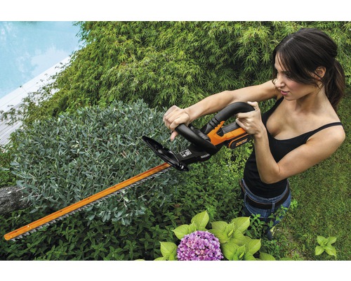 Vrouw snoeit haag met accuheggenschaar in de tuin