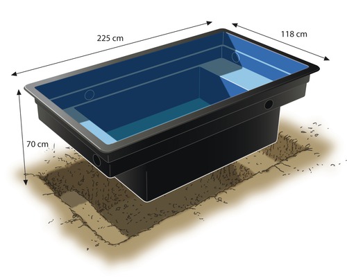Ingebouwd rechthoekig zwembad met afmetingen 225 cm lang, 118 cm breed en 70 cm diep.
