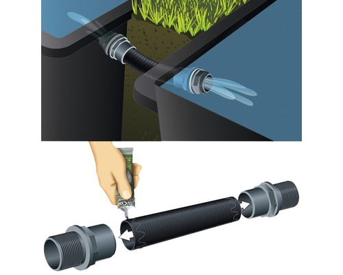 Afbeelding van een vijververbinding met slang en montage