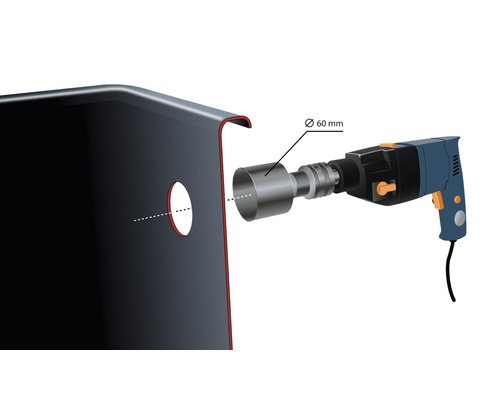 Illustratie van een boormachine met een 60 millimeter gatenzaag op een metalen oppervlak
